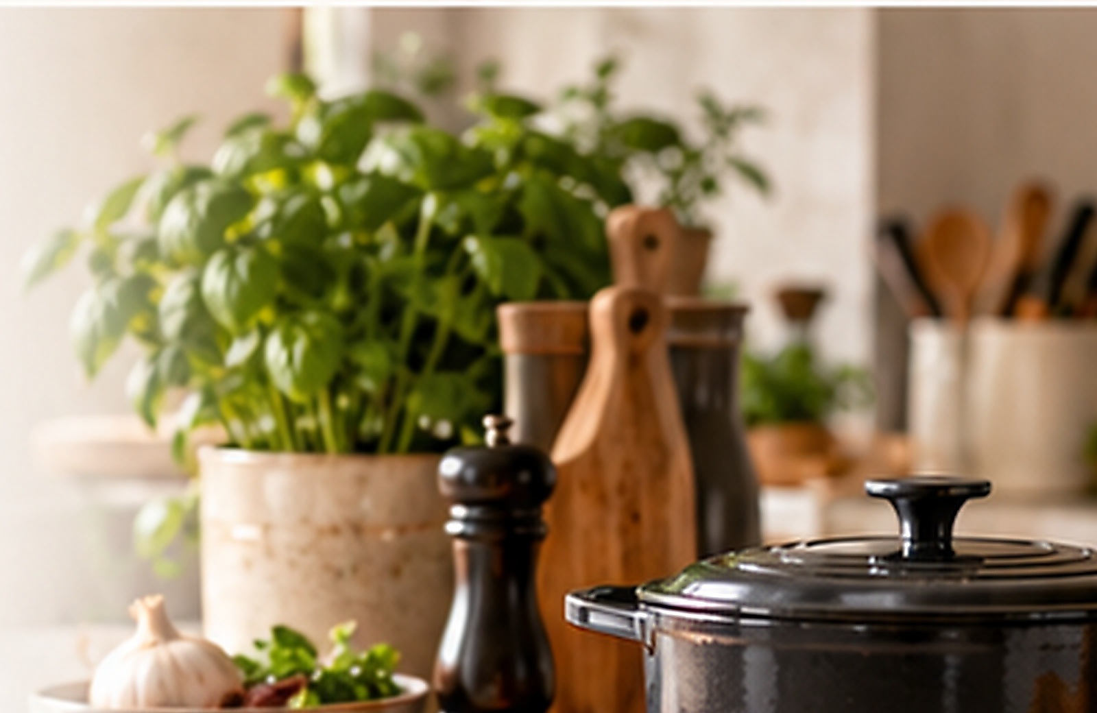 Cuisine chaleureuse avec cocotte, herbes et ustensiles