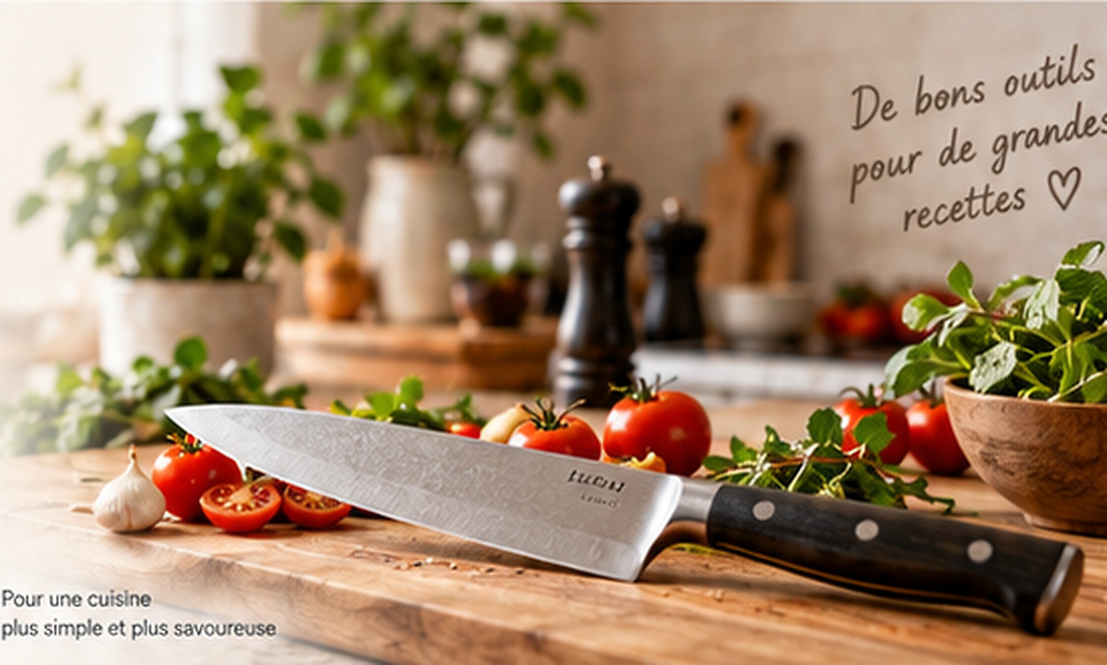 Couteau de chef sur une planche en bois